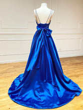 Satin A Line V Neck Long Prom Dress With Bow Tie